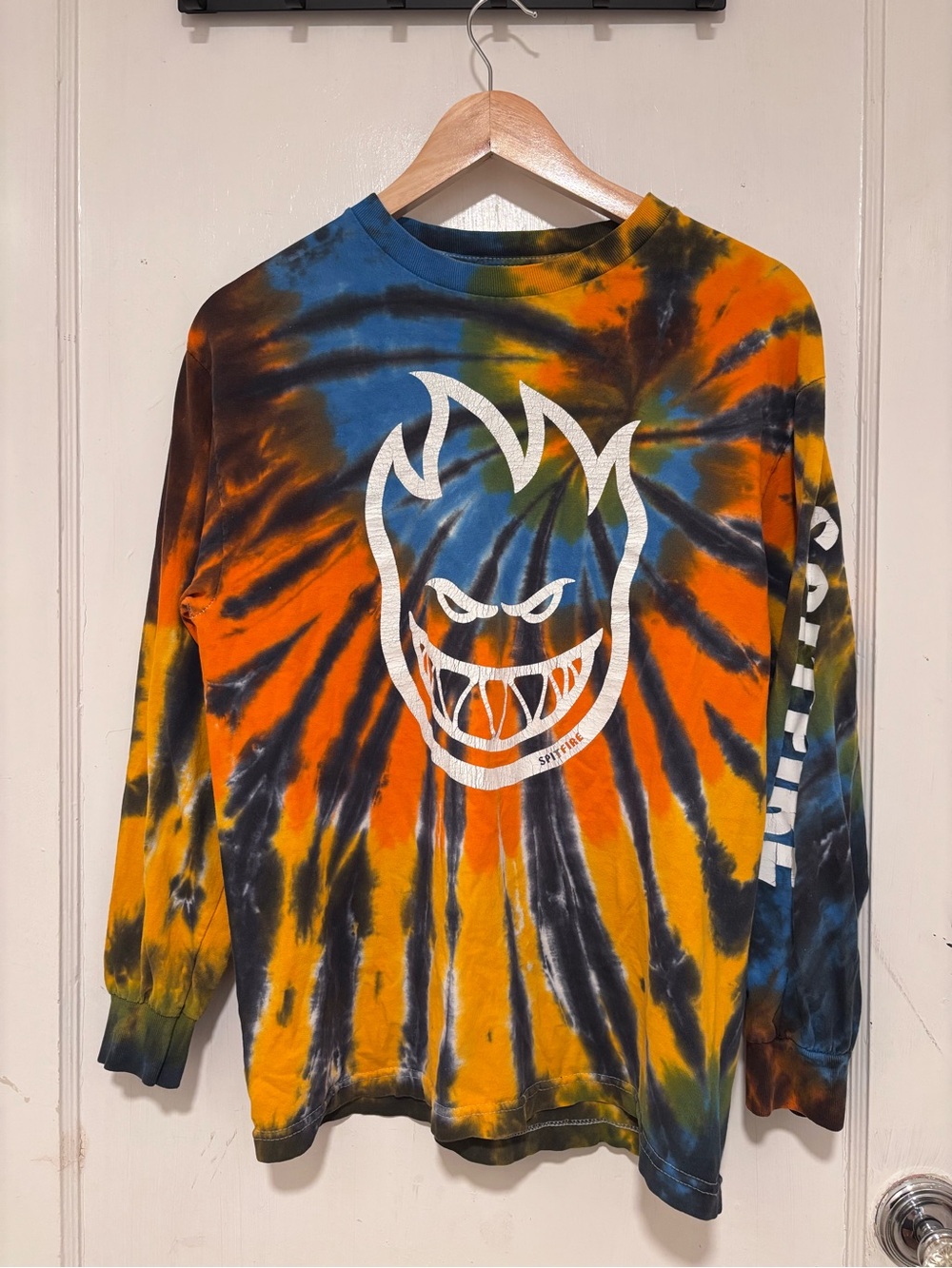 Spitfire Tie-Dye Tee with Red Logo - Blue/Yellow/Orange